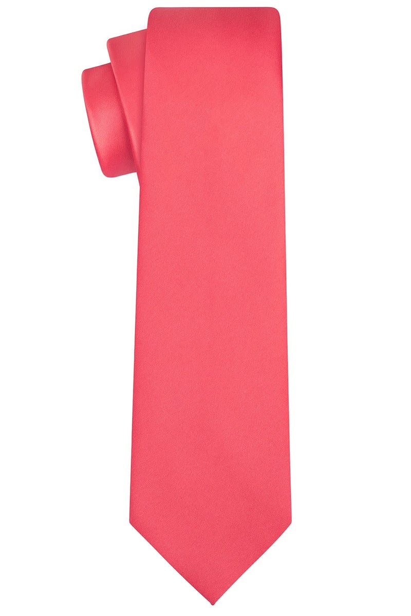 KissTies Sunset Coral Satin Tie Set Solid Ties Mens Necktie + Pocket Square - Image 4